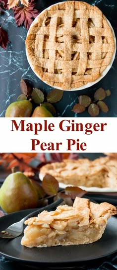 an apple pie is shown with the words maple ginger pear pie