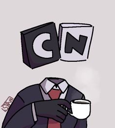 a drawing of a man holding a coffee cup with the letter g above his head