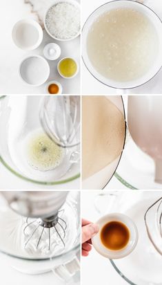 four pictures showing how to make an egg mixture