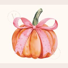 a watercolor painting of a pumpkin with a pink bow