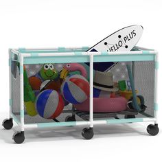 a toy cart with toys in it and a helloplus sign on the top