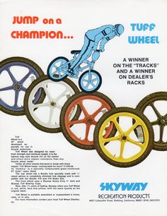 an advertisement for the skyway competition featuring wheels and rims, with a man on a bicycle