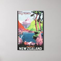 there is a poster on the wall that says new zealand with mountains in the background