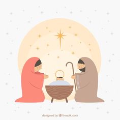 two women dressed in nativity clothing, one holding a baby jesus and the other looking at him