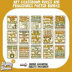 the art classroom rules and procreures poster bundle is shown in yellow, green, and