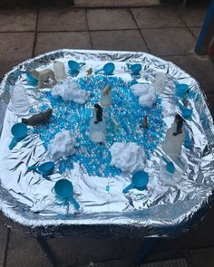 an aluminum tray covered in blue and white frosted birds sitting on top of snow