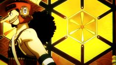 an anime character standing in front of a yellow and red background with geometric shapes on it