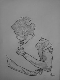 a black and white drawing of a person with their hand on his chest, looking down at the ground