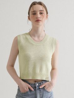 This is a minimal and modern top by VLETI that is made out of high quality and sturdy material. With distinctive mood of the design and comfortable wear, you can style it for your casual daily outfit.- Comfortable regular silhouette- Light knit with high air permeability- Minimal and feminine mood Chic Spring Sweater Vest For Everyday, Trendy Crew Neck Sweater Vest For Spring, Sleeveless Knit Tops With Relaxed Fit, Casual Knit Sweater Vest For Everyday, Everyday Cotton Sweater Vest With Crew Neck, Everyday Cotton Crew Neck Sweater Vest, Solid Crew Neck Sweater Vest For Summer, Cotton Crew Neck Sweater Vest For Everyday, Everyday Knit Sweater Vest For Summer