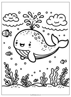 a cartoon whale swimming in the ocean with fish and seaweeds on it's side