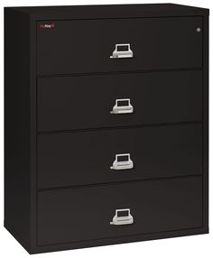 four drawer file cabinet with electronic devices on the top and bottom drawers in black finish