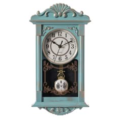 a blue clock with an ornate design on the face