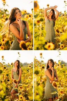 a woman standing in a sunflower field with her hands on her head