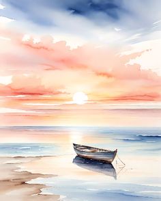 a painting of a boat on the beach at sunset