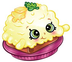 a cartoon cupcake with eyes and a green leaf on top, sitting in a pink bowl