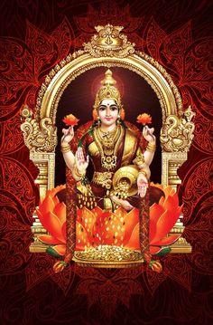 the hindu god sitting on top of a golden throne with red and gold patterns around it