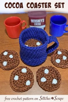 crochet coasters and coffee cups on a table with text overlay that reads, cocoa coaster set free crochet pattern on stitches & scraps