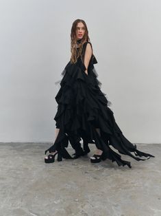 Long black sleeveless dress with tulle frills and fluttering ribbons, Black gown, Black maxi dress, Sleeveless dress, Festive dress by DIDRESS on Etsy Long Black Sleeveless Dress, Festive Dress, Dress With Tulle, Maxi Dress Sleeveless, Gown Black, Black Gown, Black Sleeveless Dress, Black Maxi