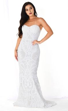 WHITE SEQUIN LACE STRAPLESS MAXI DRESSExperience the perfect blend of romance and sophistication with our stunning White Sequin Lace Strapless Maxi Dress. This dress is designed to make you feel absolutely glamorous and confident on any special occasion.Features: Chic strapless silhouette that beautifully accentuates your shoulders and collarbone Bustier bodice for a flattering fit and added support Sparkling sequin details that add a touch of glamour and make you shine Gathered back that create Wedding Gown Indian, Flare Maxi Dress, Black And White Dresses, Gown Indian, Satin Corset Dress, Plunge Mini Dress, White Lace Maxi Dress, White Lace Maxi, Strapless Bustier