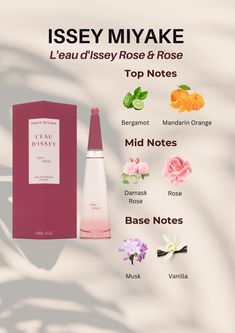 Step into a garden of luxury with Issey Miyake L'eau d'Issey Rose & Rose! Delight in the refreshing top notes of Bergamot and Mandarin Orange, followed by the alluring mid notes of Damask Rose and Rose. Immerse yourself in the warmth of Musk and Vanilla base notes. Indulge your senses and click now to experience the timeless elegance of this enchanting fragrance! 🌹✨ #IsseyMiyake #RosePerfume #LuxuryFragrance #FloralNotes Issey Miyake Perfume Aesthetic, Women Hygiene, Essential Oil Perfumes Recipes, Perfume Notes, Perfume Recipes, Rose Perfume, Damask Rose