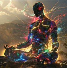 a man sitting in the middle of a meditation pose with his hands together and glowing lights all around him