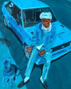 a painting of a man sitting on the hood of a car next to a dog