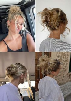 #aesthetic #hairstyle #messybun #bun Messy Bun Photo, Cool Buns For Long Hair, Rain Proof Hairstyles, Curly Messy Bun Hairstyles, Interesting Ponytails, Bun Inspo Hair, Curled Messy Bun, Scandi Hairstyles, Beachy Bun