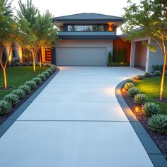 a driveway with trees, bushes and lights in front of a house at night time