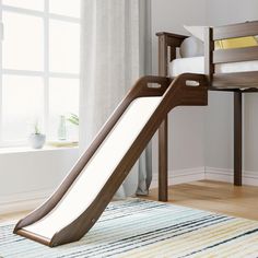 Twin Size Low Loft Bed with Slide and Ladder Classic Solid Wood Kids Bedroom Furniture 400 lbs Low Bunk Bed, Low Loft Bed, Low Bunk Beds, Wooden Beds, Low Loft Beds, Slatted Headboard, Low Loft, Bed With Slide, Home Goods Store