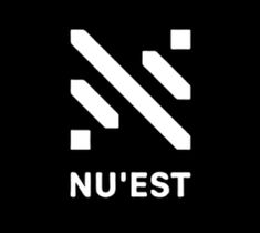 the nuest logo is shown on a black background with white letters and an arrow