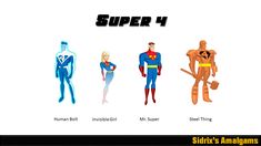 an image of some cartoon characters in different outfits and colors, with the caption super 4