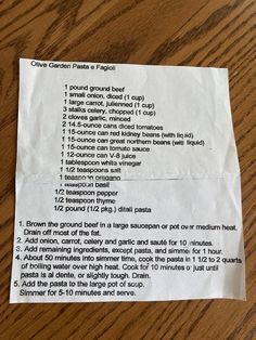 a piece of paper that has some type of food on it with instructions to put in it