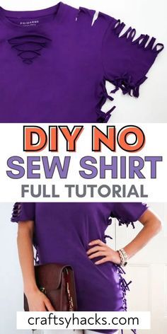 a woman wearing a purple shirt with the words diy no sew shirt on it