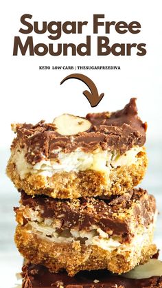 three bars stacked on top of each other with chocolate and banana slices in the middle