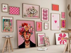 there are many pictures on the wall with pink flowers in their hair and one is wearing a flower crown