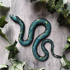 a blue and green snake laying on top of some leaves next to it's tail