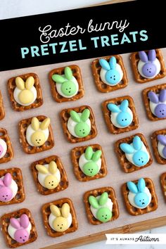 some bunny pretzel treats are on a tray