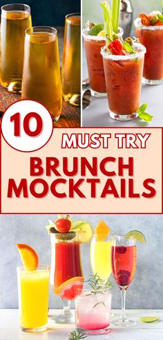 A collection of 10 colorful brunch mocktails served in tall glasses, garnished with citrus slices, herbs, and fresh fruit. Non-alcoholic drink recipes perfect for brunch, parties, and celebrations. Refreshing beverages including tomato-based, citrus, and fizzy drinks.