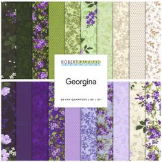 an assortment of purple and green floral fabrics with the words, gorgonia on them