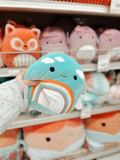 a person holding up a stuffed animal in front of some other stuffed animals on shelves