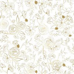 a white and gold floral wallpaper with lots of flowers on the bottom half of it