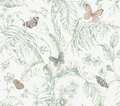 a wallpaper with butterflies and plants on it's side, in pastel colors