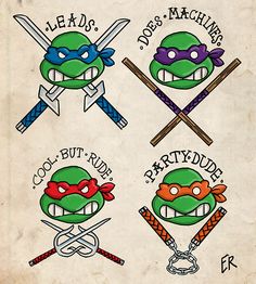 the teenage mutant ninja turtles are depicted in this old school style tattoo art design sheet