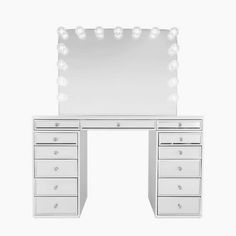 a white vanity with drawers and lights on it's sides, in front of a mirror