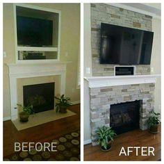 before and after pictures of a fireplace with tv above it, in the living room