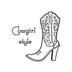 a drawing of a cowboy boot with the words cowgirl style in black and white