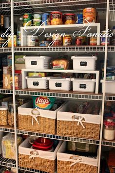 an organized pantry with baskets and food items