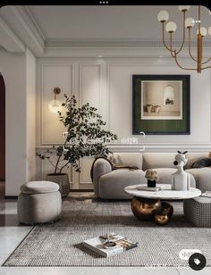 a living room filled with furniture and a chandelier