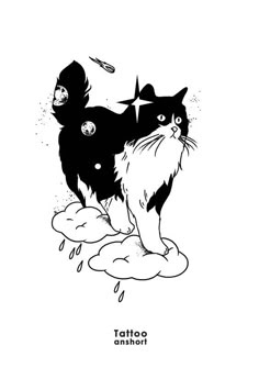 a black and white drawing of a cat sitting on top of a cloud with stars