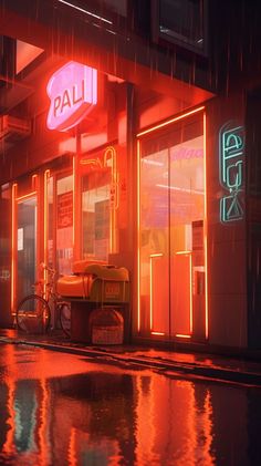 an image of a neon store front in the rain